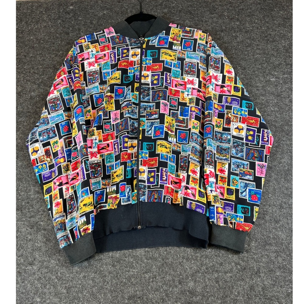 VINTAGE 70s Postage Stamp Bomber Jacket Womens XL Impressions Of California USA